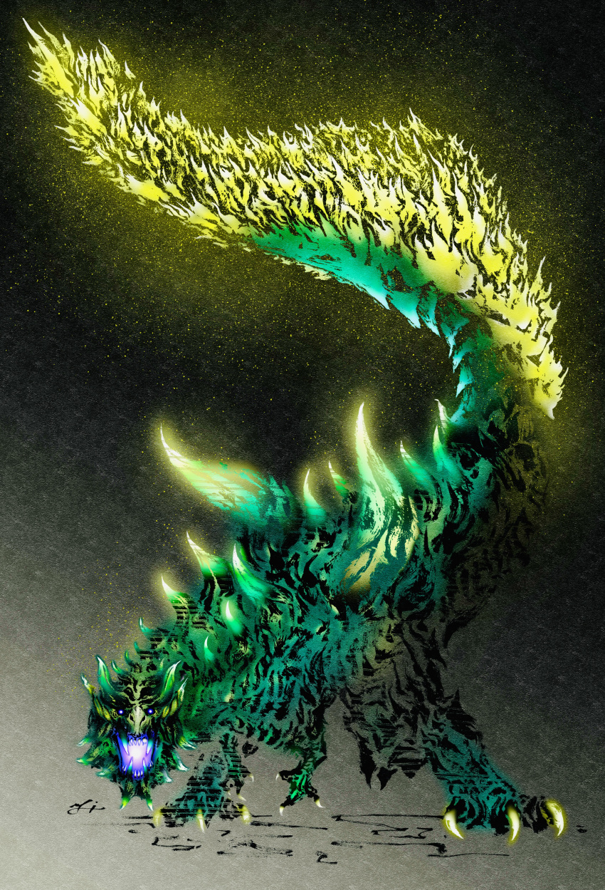 absurdres acidic_glavenus blue_eyes chin_spike claws deadpool_yuchan digitigrade fangs full_body glavenus glowing glowing_eyes glowing_mouth glowing_tail gradient_background green_scales highres horns looking_at_viewer monster monster_focus monster_hunter:_world monster_hunter_(series) monster_hunter_world:_iceborne no_humans open_mouth scales sharp_tail sharp_teeth signature solo spikes standing tail tail_raised teeth