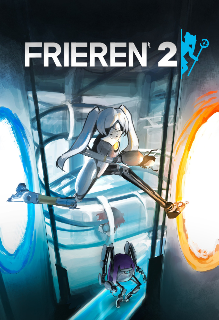 :3 =_= absurdres aperture_science_handheld_portal_device aperture_science_weighted_companion_cube atlas_(portal) blunt_bangs box_art commentary cosplay english_commentary fake_box_art fern_(sousou_no_frieren) fern_(sousou_no_frieren)_(cosplay) frieren frieren_(cosplay) highres no_humans non-humanoid_robot p-body paper parody parted_bangs portal_(series) portal_2 purple_hair redhead robot sousou_no_frieren stark_(sousou_no_frieren) stark_(sousou_no_frieren)_(cosplay) tape twintails victear white_hair