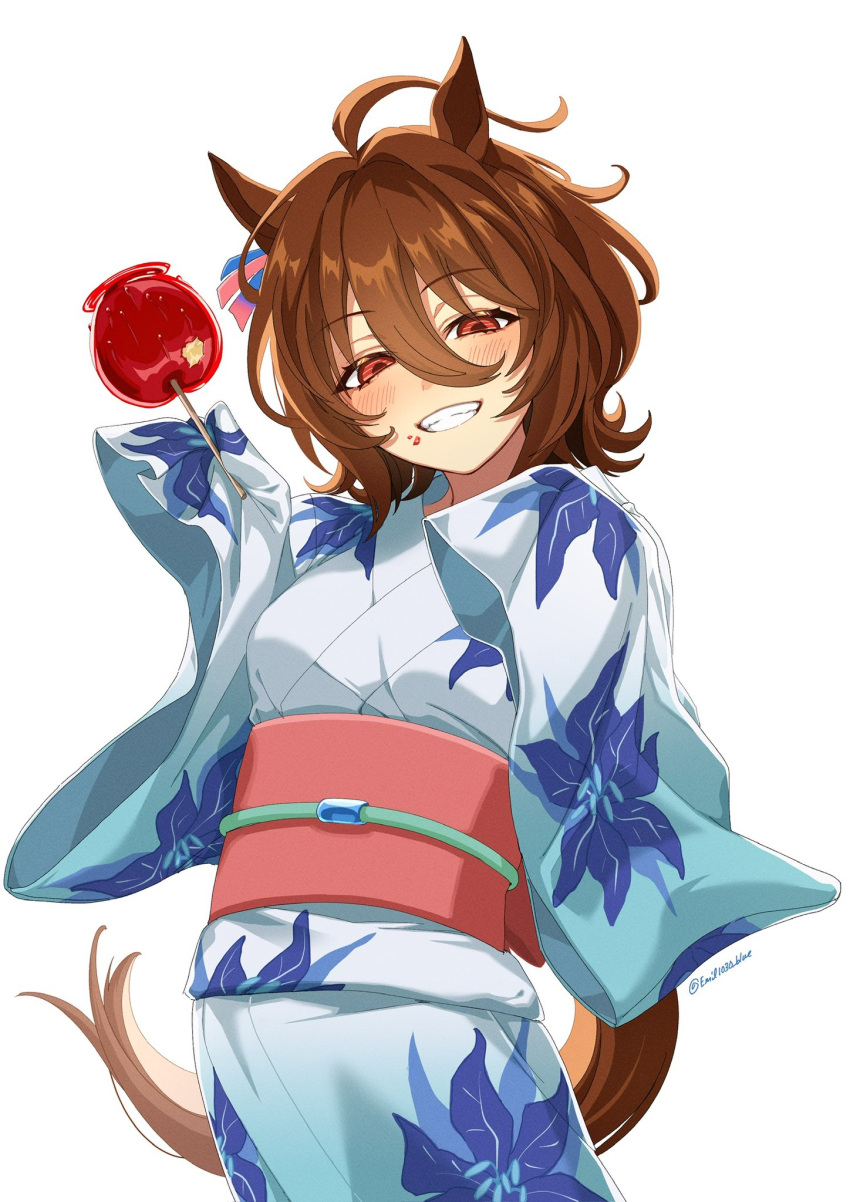 1girl agnes_tachyon_(umamusume) ahoge alternate_costume animal_ears blue_kimono blush breasts brown_hair candy_apple commentary_request cowboy_shot ear_ornament emil1030_blue food food_on_face grin hair_between_eyes highres holding horse_ears horse_girl horse_tail japanese_clothes kimono medium_breasts messy_hair obi red_eyes sash short_hair simple_background sleeves_past_fingers sleeves_past_wrists smile solo tail twitter_username umamusume very_long_sleeves white_background