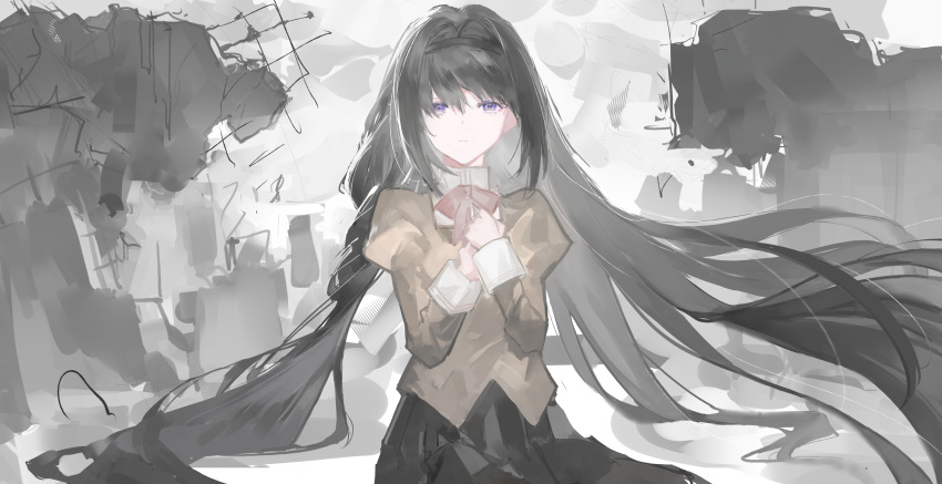 1girl absurdres akemi_homura black_hair black_hairband black_skirt bow bowtie brown_jacket collared_jacket cowboy_shot expressionless hair_down hair_intakes hairband hands_on_own_chest hands_up highres jacket juliet_sleeves long_hair long_sleeves mahou_shoujo_madoka_magica mahou_shoujo_madoka_magica_(anime) mitakihara_school_uniform outdoors own_hands_together puffy_sleeves red_bow red_bowtie rubble ruins school_uniform sitting skirt solo violet_eyes yisi_ww