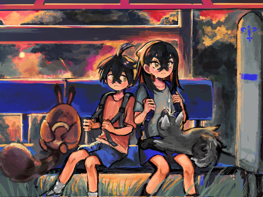 1boy 1girl ahoge backpack bag black_hair blue_shorts brother_and_sister brown_fur bus_stop carmine_(pokemon) closed_mouth colored_inner_hair crossed_bangs crying eyelashes frown grass grey_shirt hair_between_eyes hairband highres kieran_(pokemon) multicolored_hair on_bench outdoors pokemon pokemon_(creature) pokemon_sv poochyena red_shirt redhead sentret shirt shorts siblings sitting tail tears two-tone_hair v-shaped_eyebrows wrozzii yellow_eyes yellow_hairband