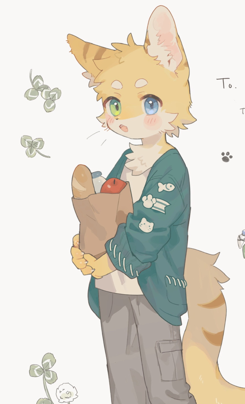 1boy :o animal_ears apple bag baguette blue_jacket body_fur bread cat_boy cat_ears cat_tail clover commission cowboy_shot food from_side fruit furry furry_male gomafuto grey_pants grocery_bag heterochromia highres holding holding_bag jacket looking_at_viewer male_focus open_clothes open_jacket open_mouth original pants paper_bag paw_print pocket shirt shopping_bag simple_background skeb_commission solo standing tail two-tone_fur white_background white_fur white_shirt yellow_fur