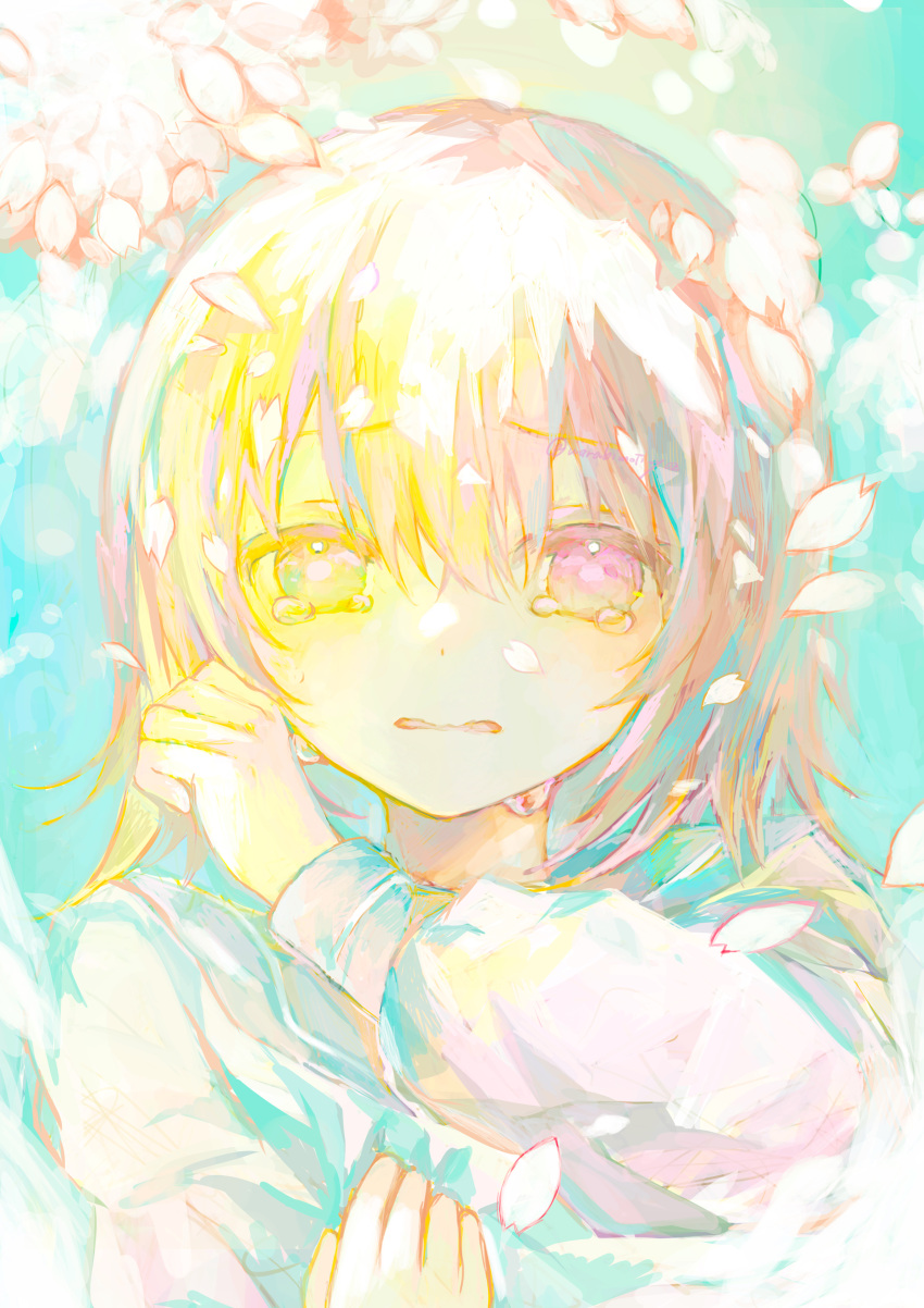 1girl absurdres blush cherry_blossoms colorful crying crying_with_eyes_open falling_petals grey_sailor_collar hair_between_eyes hand_up highres irodori_warabi long_sleeves looking_at_viewer medium_hair open_mouth original petals pink_eyes pink_hair portrait sailor_collar school_uniform shirt sidelocks sleeve_cuffs solo straight-on tears white_shirt