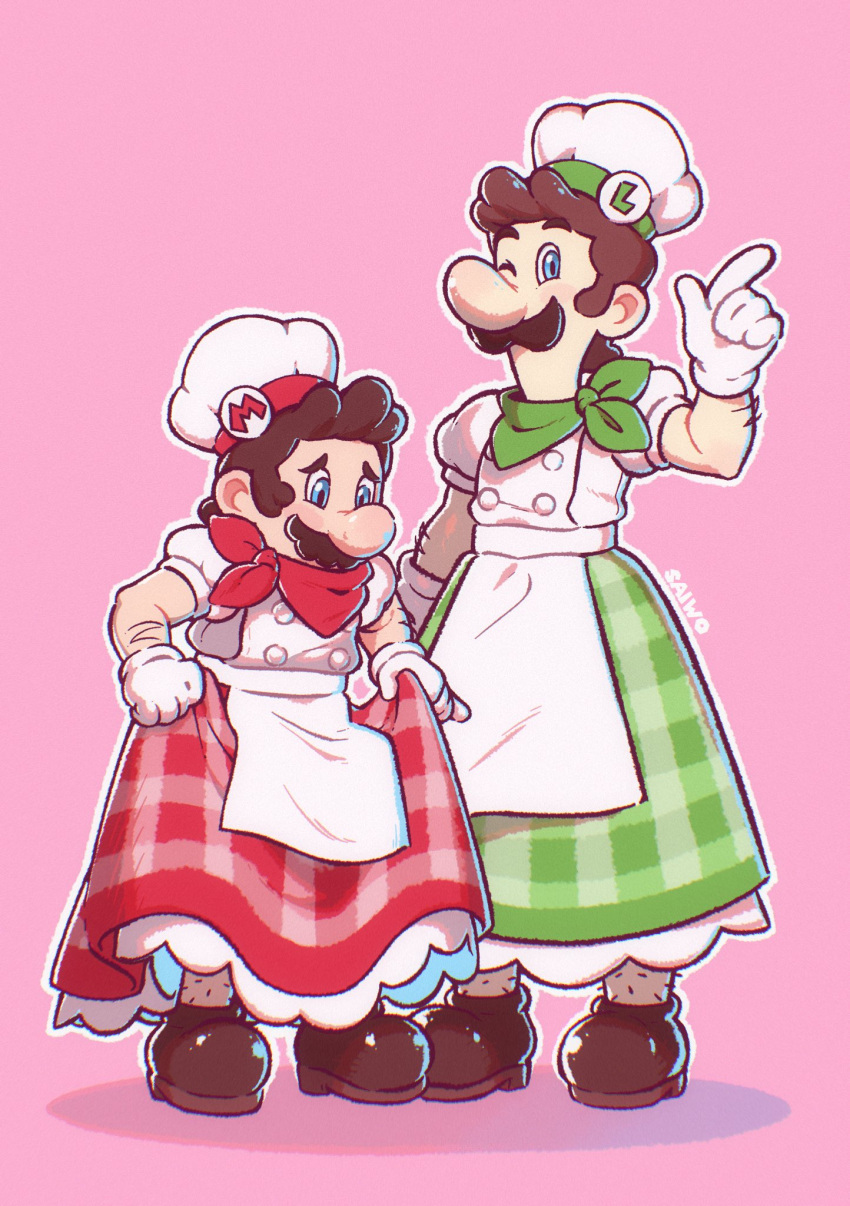 2boys alternate_costume apron artist_name bandana blue_eyes boots brothers brown_footwear brown_hair chef_hat cosplay crossdressing facial_hair full_body gloves green_bandana green_skirt hat highres looking_at_viewer looking_down luigi mario multiple_boys mustache one_eye_closed patissiere_peach patissiere_peach_(cosplay) pink_background plaid plaid_skirt princess_peach princess_peach:_showtime! puffy_short_sleeves puffy_sleeves red_bandana red_skirt saiwo_(saiwoproject) shirt short_hair short_sleeves siblings simple_background skirt super_mario_bros. white_apron white_gloves white_hat white_shirt