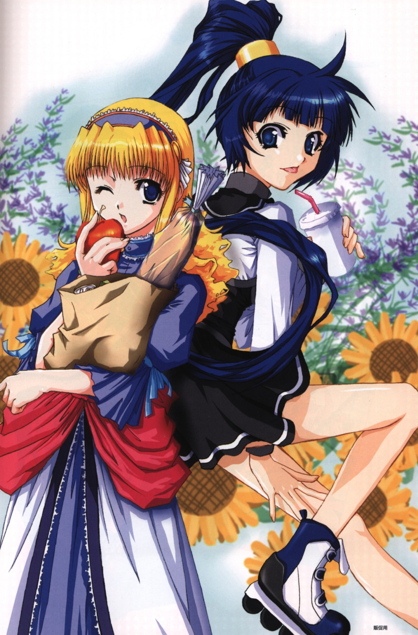 2girls apple bistro_cupid black_skirt blonde_hair blue_eyes blue_hair blue_hairband blue_ribbon brown_bag cup disposable_cup dress drinking_straw flower food fruit hair_ornament hair_ribbon hairband half_updo highres holding holding_food holding_fruit lavender_(flower) lavender_dentala long_hair long_sleeves looking_back multiple_girls official_art one_eye_closed open_mouth ponytail ribbon roller_skates scan sidelocks skates skirt smile sun_flower sunflower yellow_hairband