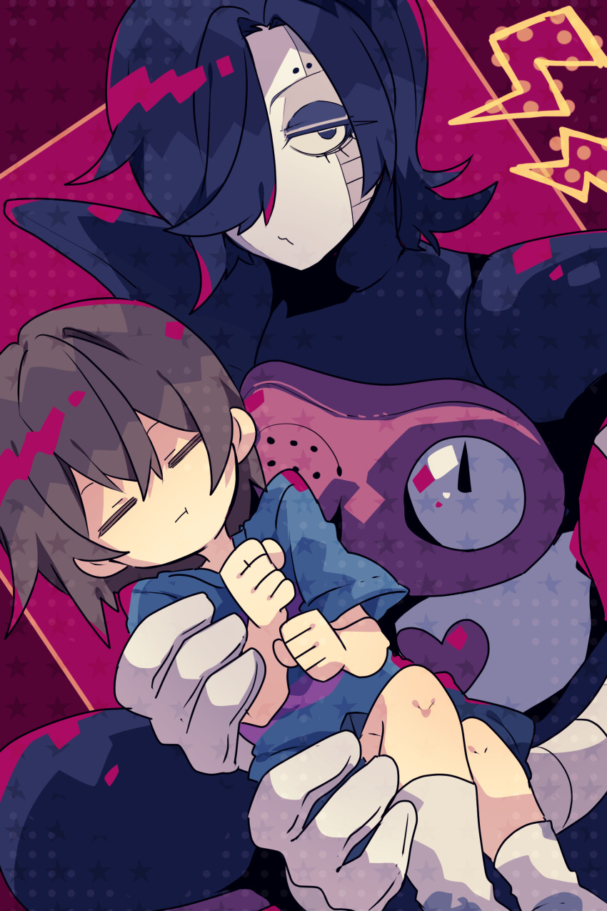 1boy 1other absurdres android black_eyeshadow black_pants blue_shirt blue_shorts brown_hair carrying carrying_person child clenched_hands closed_eyes closed_mouth eyeshadow feet_out_of_frame frisk_(undertale) gloves hair_between_eyes hair_over_one_eye highres looking_at_viewer makeup mettaton mettaton_ex nikorashi-ka pants pink_background purple_shirt shirt short_hair short_sleeves shorts socks striped_clothes striped_shirt undertale white_gloves white_socks