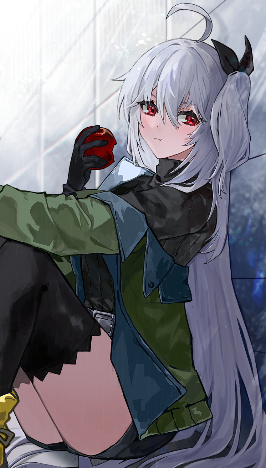 1girl absurdres against_wall ahoge apple arknights arm_rest belt belt_buckle bitten_apple black_belt black_gloves black_ribbon black_shorts black_sweater black_thighhighs blurry blurry_background buckle closed_mouth commentary depth_of_field feet_out_of_frame food food_bite from_side fruit gloves green_jacket grey_hair hair_between_eyes hair_flowing_over hair_ribbon hair_spread_out hand_up high_collar highres holding holding_food holding_fruit jacket lapels leaning light_blush light_rays long_bangs long_hair long_sleeves looking_at_viewer notched_lapels off_shoulder official_alternate_costume on_ground open_clothes open_jacket red_apple red_eyes ribbed_sweater ribbon shade short_shorts shorts side_ponytail sitting skadi_(arknights) skadi_(the_next_afternoon_tea)_(arknights) solo straight_hair sweater swept_bangs thigh-highs thighs tile_wall tiles turtleneck turtleneck_sweater two-sided_fabric two-sided_jacket very_long_hair yuro_(_yu_you)