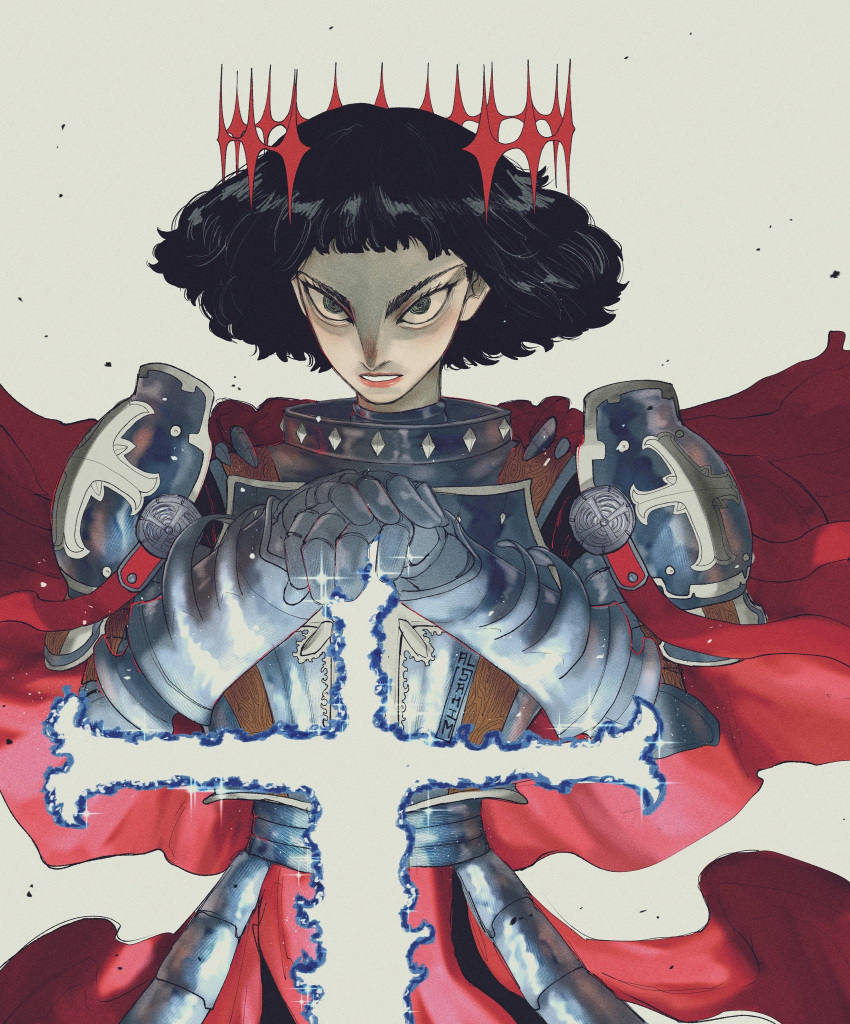 1girl al_sahim armor black_hair cape crown floating_crown gauntlets grey_background highres jeanne_d'arc knight parted_lips real_life red_cape shoulder_armor simple_background solo v-shaped_eyebrows