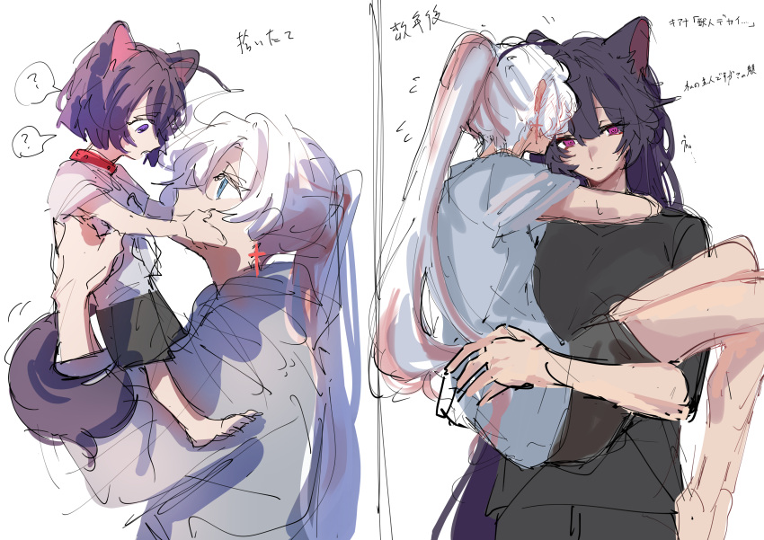 2girls ? absurdres age_progression aged_down animal_ears arms_around_neck black_shirt blue_eyes blush carrying carrying_person cat_ears chinese_commentary closed_mouth collar commentary_request ear_blush earrings expressionless grey_hoodie grey_shirt highres honkai_(series) honkai_impact_3rd hood hoodie jewelry kemonomimi_mode kiana_kaslana long_hair moonsun77773 multicolored_hair multiple_girls ponytail purple_hair raiden_mei redhead shirt short_hair short_sleeves simple_background smile spoken_question_mark streaked_hair translation_request violet_eyes white_background white_hair white_shirt yuri
