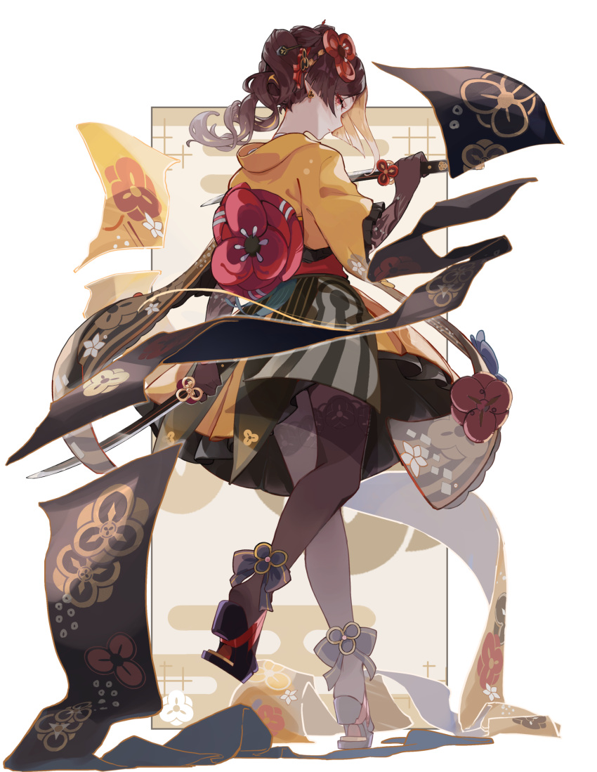 1girl absurdres asymmetrical_sidelocks brown_hair c_cutai chiori_(genshin_impact) drill_hair drill_ponytail dual_wielding earrings from_behind genshin_impact hair_ornament hairpin heel-less_heels highres holding holding_sword holding_weapon japanese_clothes jewelry katana kimono pantyhose profile red_eyes short_kimono sideways_glance solo standing sword thigh-highs thighhighs_over_pantyhose weapon