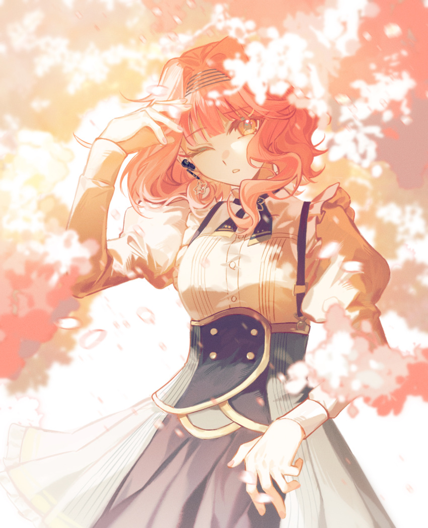 1girl cherry_blossoms cowboy_shot earrings english_commentary falling_petals frills hairband hand_up hibiki_koto high-waist_skirt highres jewelry kafigqlz long_sleeves looking_at_viewer medium_hair one_eye_closed orange_eyes parted_lips petals pink_hair puffy_long_sleeves puffy_sleeves shirt skirt solo suspender_skirt suspenders tagme vocaloid white_shirt