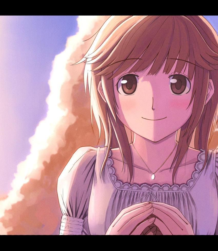 1girl absurdres amagami birthday blush brown_eyes brown_hair close-up closed_mouth clouds collarbone commentary cumulonimbus_cloud dress dusk frilled_dress frills gradient_sky highres jewelry letterboxed looking_at_viewer medium_hair mistamaga necklace outdoors own_hands_together pendant portrait puffy_short_sleeves puffy_sleeves purple_sky sakurai_rihoko short_sleeves sky smile solo steepled_fingers white_dress