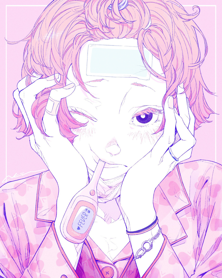 1girl absurdres akira_13go black_eyes bracelet bright_pupils buttons digital_thermometer eyelashes fever hand_in_own_hair heart heart_print highres jewelry looking_at_viewer mouth_hold one_eye_closed original pink_background pink_hair pink_shirt pink_theme portrait ring shirt short_hair signature simple_background solo thermometer white_pupils