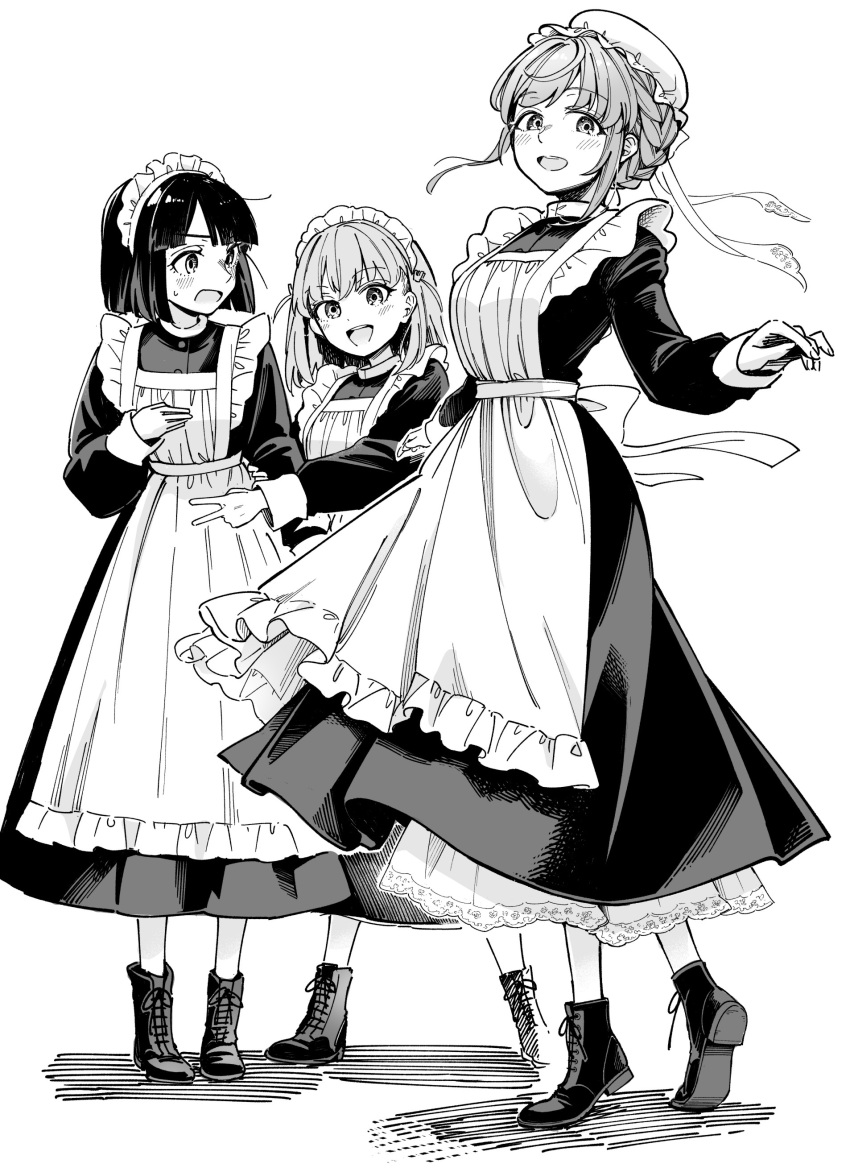 3girls :d absurdres alternate_costume alternate_hairstyle apron blunt_bangs blunt_ends blush boots braid breasts cerise_bouquet commentary cross-laced_footwear crossed_bangs dress enmaided foot_up frilled_apron frills full_body greyscale hair_ornament hat hatching_(texture) highres hinoshita_akame hinoshita_kaho lace-trimmed_dress lace-up_boots lace_trim link!_like!_love_live! lone_nape_hair long_dress long_sleeves looking_at_another looking_at_viewer loose_hair_strand love_live! maid maid_apron maid_headdress medium_breasts medium_hair mob_cap momose_ginko monochrome multiple_girls open_mouth otomune_kozue rabbit_hair_ornament shadow short_hair short_hair_with_long_locks side_braid sidelocks smile standing two_side_up v virtual_youtuber