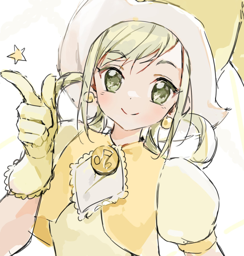 1girl asuka_momoko blonde_hair closed_mouth earrings gloves green_eyes hat highres jewelry looking_at_viewer lumeru_33 ojamajo_doremi simple_background sketch smile solo upper_body white_background yellow_gloves