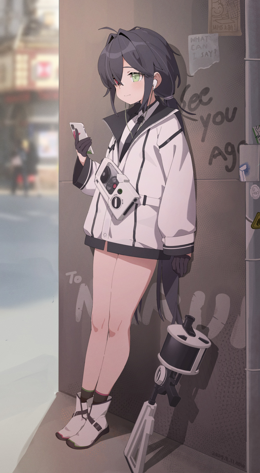 1girl absurdres against_wall ahoge bag black_gloves black_hair black_necktie blurry blurry_background blush closed_mouth collared_shirt earphones earphones full_body gloves green_eyes grenade_launcher half_gloves heterochromia highres holding holding_phone jacket listening_to_music long_hair long_sleeves midsummerw necktie no_pants original partially_unzipped phone red_eyes shirt socks solo standing very_long_hair weapon white_footwear white_jacket white_shirt