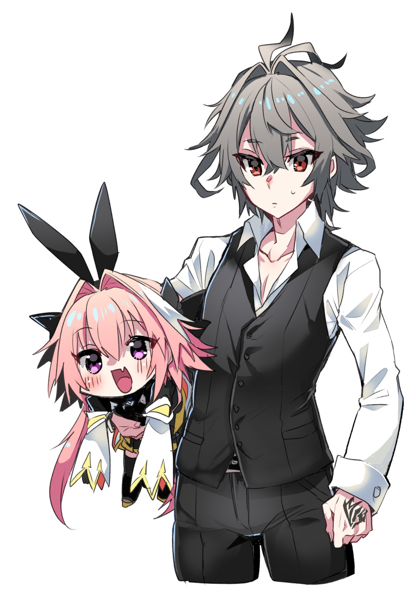 2boys ahoge animal_ears astolfo_(fate) astolfo_(saber)_(fate) black_bow black_bowtie black_gloves black_pants black_shirt black_thighhighs black_vest blush bow bowtie carrying carrying_under_arm chibi closed_mouth collarbone command_spell cropped_legs crossed_bangs dress_shirt fake_animal_ears fang fate/apocrypha fate/grand_order fate_(series) gloves grey_hair hair_between_eyes hair_bow hair_intakes haoro highres long_hair long_sleeves multicolored_hair multiple_boys open_mouth orange_eyes otoko_no_ko pants partially_unbuttoned pectoral_cleavage pectorals pink_hair rabbit_ears red_eyes shirt short_hair sieg_(fate) simple_background skin_fang smile streaked_hair sweatdrop thigh-highs twintails two-tone_hair very_long_hair vest violet_eyes waistcoat white_background white_hair white_shirt white_sleeves wide_sleeves wing_collar