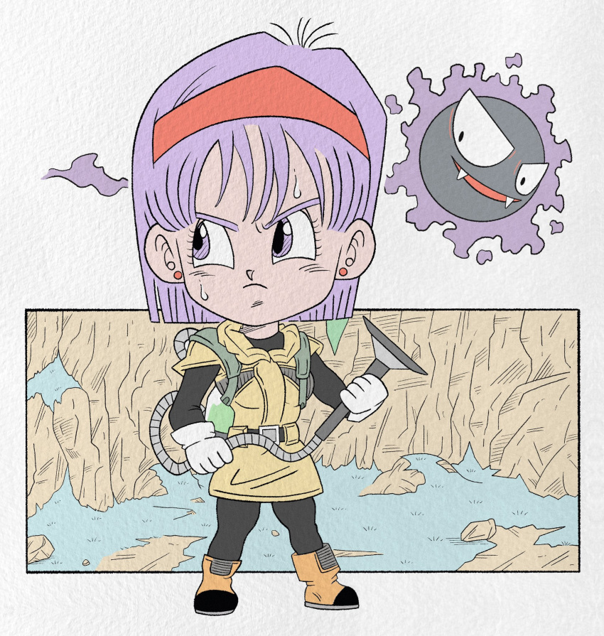 boots bulma chibi closed_mouth dragon_ball dragon_ball_z earrings fangs gastly ghost hairband highres jewelry pokemon pokemon_(creature) purple_hair red_hairband violet_eyes wesatinthecar
