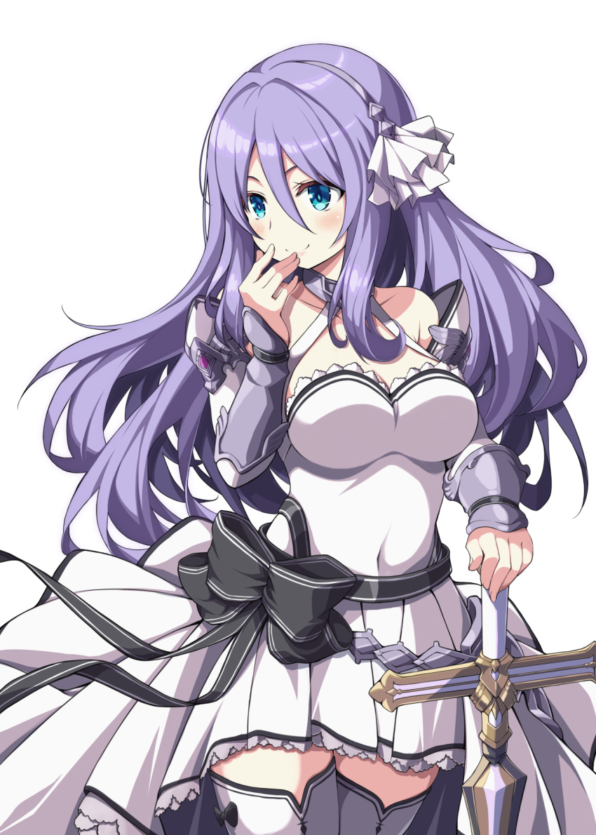 1girl black_ribbon blue_eyes breasts closed_mouth commentary_request dress headband highres holding holding_sword holding_weapon large_ribbon princess_connect! purple_hair ribbon ribucci shizuru_(princess_connect!) smile solo sword weapon white_dress white_headband