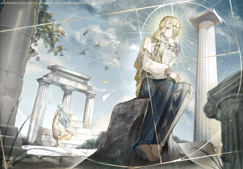 1boy 1girl 37_(reverse:1999) 6_(reverse:1999) ancient_greek_clothes architecture artist_logo barefoot bird blonde_hair blue_eyes blue_hair blue_sky book book_on_lap circlet clouds colored_eyelashes column fine_art_parody full_body golden_spiral grass greco-roman_architecture greco-roman_clothes hand_on_own_chin hand_up highres himation long_hair long_sleeves looking_at_viewer maruma_gozu on_rock open_book parody parted_lips pillar reverse:1999 rock ruins sitting sitting_on_rock sky solo_focus standing the_thinker toga