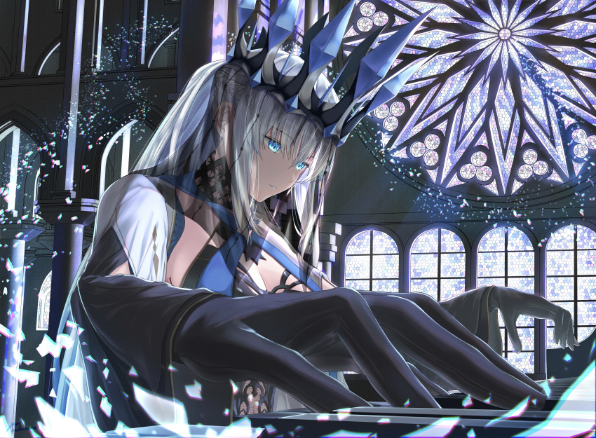 1girl absurdres black_dress black_gloves black_veil blue_eyes blue_lips braid breasts capelet clothing_cutout crown dress fate/grand_order fate_(series) french_braid gloves grey_hair highres instrument large_breasts lipstick long_hair long_sleeves makeup morgan_le_fay_(fate) morgan_le_fay_(queen_of_winter)_(fate) multicolored_capelet music nakamura_yuuri_(yuri-nakamura) piano playing_instrument playing_piano ponytail sidelocks solo stomach_cutout striped_belt two-tone_dress veil very_long_hair wide_sleeves
