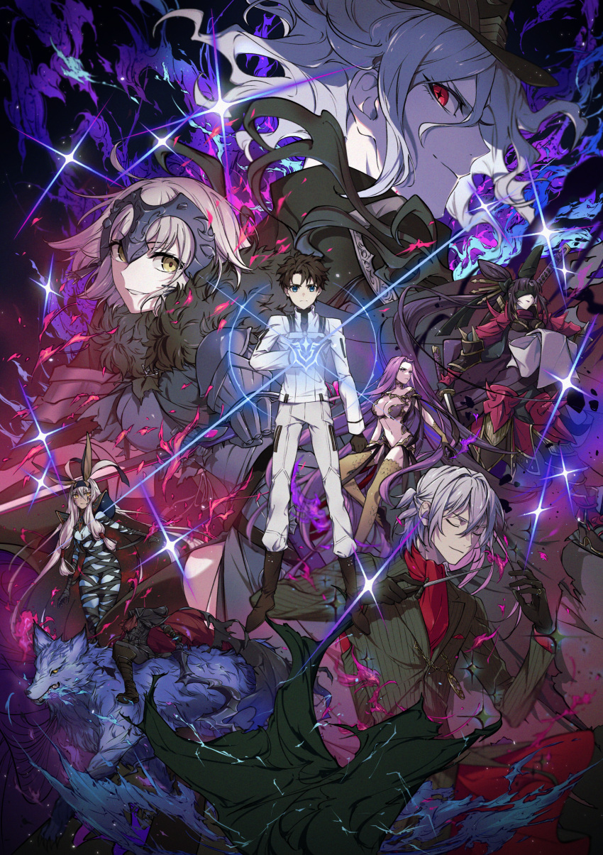 4boys 4girls absurdres animal_ears antonio_salieri_(fate) antonio_salieri_(second_ascension)_(fate) bandages black_blindfold black_gloves black_hair blindfold blue_eyes blue_fire command_spell cross-shaped_pupils edmond_dantes_(fate) fate/grand_order fate_(series) fire fujimaru_ritsuka_(male) fujimaru_ritsuka_(male)_(decisive_battle_chaldea_uniform) gloves glowing gorgon_(fate) grey_hair hat hessian_(fate) highres holding holding_knife holding_sword holding_weapon hua_(supa_jopa) jeanne_d'arc_alter_(avenger)_(fate) jeanne_d'arc_alter_(fate) katana knife lobo_(fate) long_hair medusa_(fate) multiple_boys multiple_girls nitocris_(fate) nitocris_alter_(fate) nitocris_alter_(first_ascension)_(fate) purple_fire purple_hair red_eyes smile sword symbol-shaped_pupils taira_no_kagekiyo_(fate) the_count_of_monte_cristo_(fate) ushiwakamaru_(fate) very_long_hair violet_eyes weapon white_hair wolf yellow_eyes