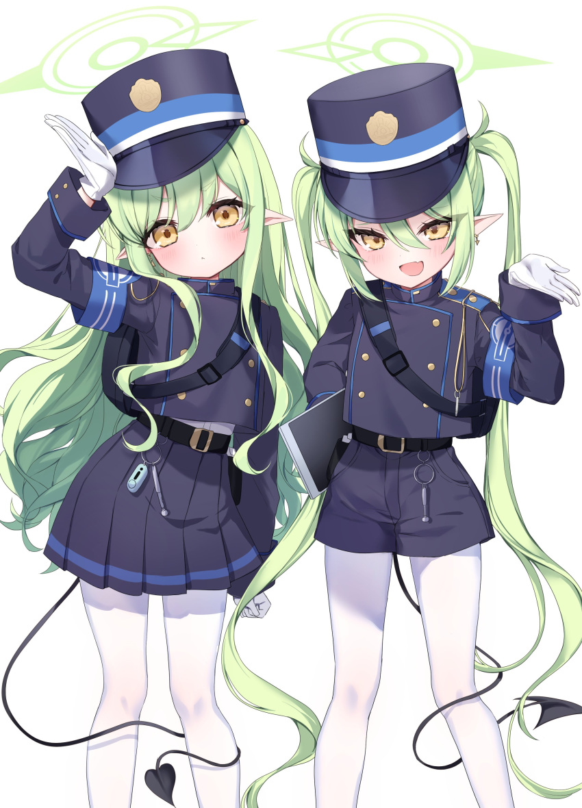 2girls absurdres belt black_belt black_hat black_shirt black_skirt black_tail blue_archive blush closed_mouth commentary_request demon_tail fang gloves green_hair green_halo halo hat highres ineka_ka long_hair long_sleeves looking_at_viewer multiple_girls open_mouth pantyhose peaked_cap pleated_skirt pointy_ears shirt simple_background skin_fang skirt smile tail twintails white_background white_gloves white_pantyhose yellow_eyes