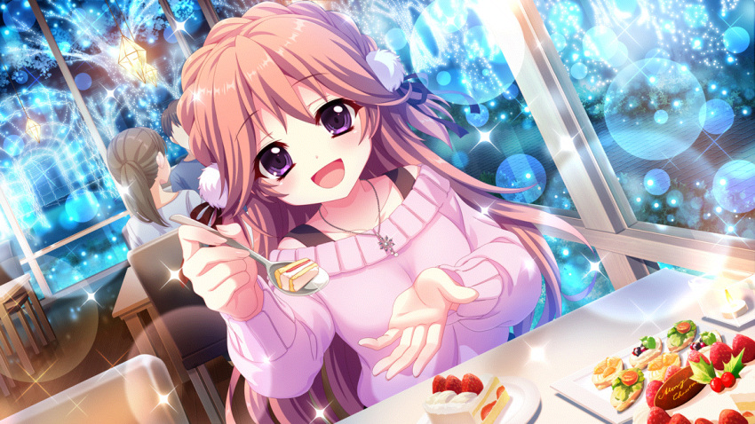 1boy 2girls :d black_ribbon braid breasts brown_hair bush cake candle chair christmas christmas_lights collarbone crown_braid dot_nose film_grain food food_request food_writing fruit game_cg haeno_akari hair_ribbon hanging_light holding holding_spoon holly incoming_food indoors izumi_tsubasu jewelry large_breasts lens_flare long_hair long_sleeves looking_at_viewer medium_hair merry_christmas multiple_girls necklace night non-web_source off-shoulder_sweater off_shoulder official_art open_mouth orange_hair outstretched_hand pink_sweater plate ponytail re:stage! restaurant ribbon sitting smile solo_focus sparkle spoon stone_walkway strawberry strawberry_cake sweater table tree two_side_up violet_eyes window