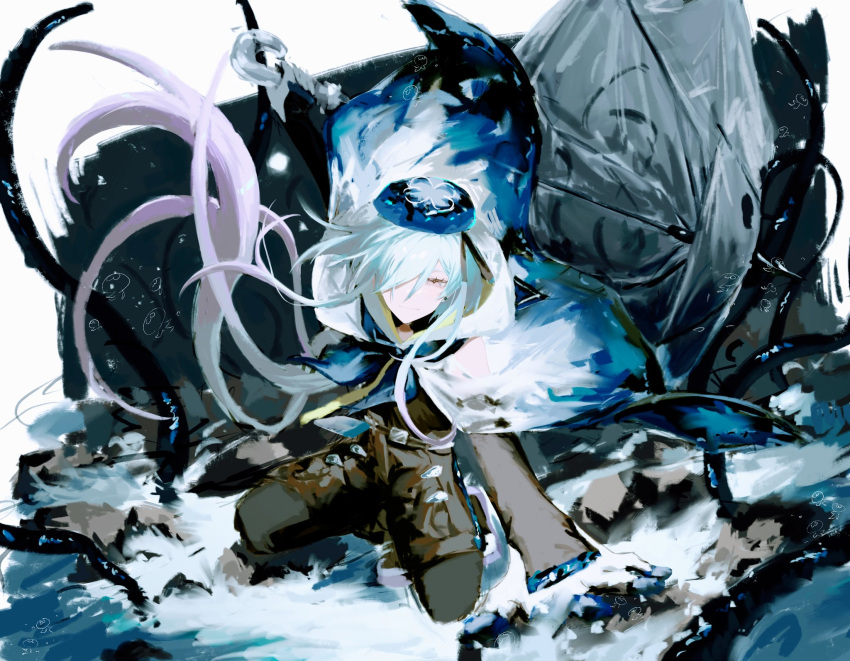 1boy arknights beret black_shorts black_sleeves blue_hair blue_hat cape clothing_cutout commentary detached_sleeves eyelashes gradient_hair hair_over_one_eye hat highres hood hooded_cape kneeling light_blue_hair looking_at_viewer male_focus mizuki_(arknights) multicolored_hair nate71762013 pink_eyes purple_hair ship shorts shoulder_cutout simple_background smile solo tentacles unfinished watercraft waves white_background