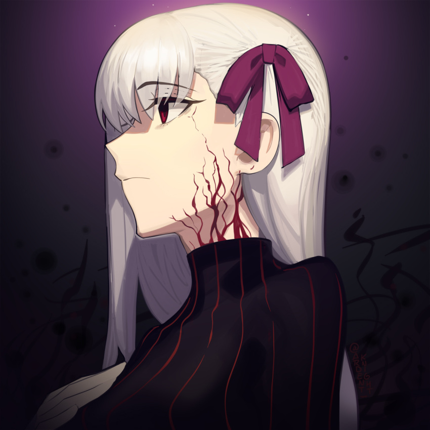1girl black_shirt boa_(brianoa) body_markings closed_mouth commentary dark_persona dark_sakura english_commentary expressionless facial_mark fate/stay_night fate_(series) from_side gradient_background hair_ribbon hand_on_own_chest heaven's_feel highres long_hair looking_ahead matou_sakura purple_background purple_ribbon red_eyes ribbon shirt solo striped_clothes striped_shirt vertical-striped_clothes vertical-striped_shirt white_hair