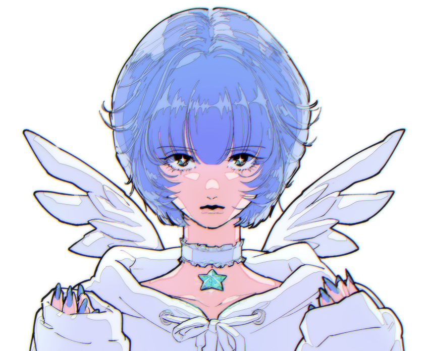 1girl black_eyes blue_hair blue_nails chromatic_aberration feathered_wings fingernails hands_up highres light_blue_hair long_sleeves looking_at_viewer mini_wings nail_polish original short_hair simple_background sleeves_past_wrists solo straight-on upper_body white_background white_wings wings yosh1to
