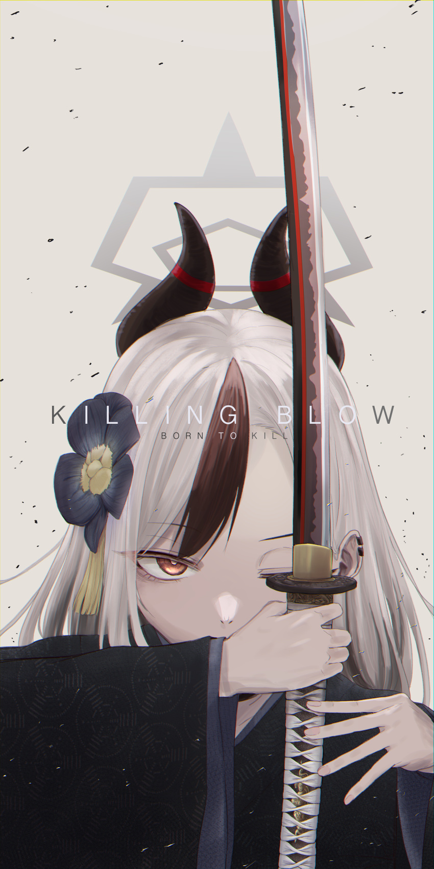 1girl absurdres asymmetrical_bangs black_hair black_kimono blue_archive covered_mouth demon_horns earclip english_text flower grey_hair hair_flower hair_ornament hands_up highres horns japanese_clothes katana kayoko_(blue_archive) kayoko_(new_year)_(blue_archive) kimono long_hair long_sleeves looking_at_viewer multicolored_hair official_alternate_costume official_alternate_hairstyle one_eye_closed portrait red_eyes shitsugaikotsu solo sword two-tone_hair weapon white_hair wide_sleeves