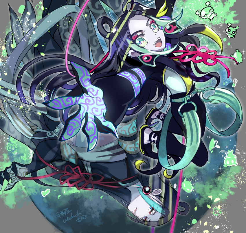 2boys absurdres belt black_hair black_pants blue_eyes blue_hair chinese_clothes con_(fate) dual_persona earrings eyeshadow fate/grand_order fate_(series) gloves green_eyes hair_rings halo highres jewelry long_hair long_sleeves looking_at_viewer makeup male_focus multicolored_eyes multicolored_hair multiple_boys natukokoro o-ring o-ring_belt open_mouth pale_skin pants red_eyeshadow smile taisui_xingjun_(fate) tooth_earrings