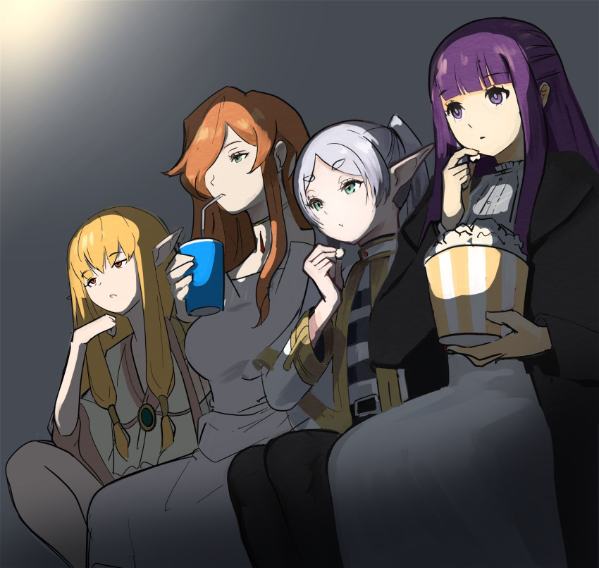 4girls black_coat black_pantyhose black_shirt blonde_hair blunt_bangs brooch capelet coat contemporary cup disposable_cup dress drinking drinking_straw eating elf fern_(sousou_no_frieren) flamme_(sousou_no_frieren) food frieren gem gold_trim green_eyes green_gemstone hair_over_one_eye hair_tubes highres holding holding_cup jewelry long_hair meke_(77842928) multiple_girls orange_hair pantyhose parted_bangs parted_lips pointy_ears popcorn purple_hair screen_light serie_(sousou_no_frieren) shirt short_eyebrows sitting sousou_no_frieren striped_clothes striped_shirt thick_eyebrows time_paradox twintails very_long_hair violet_eyes white_capelet white_dress white_shirt