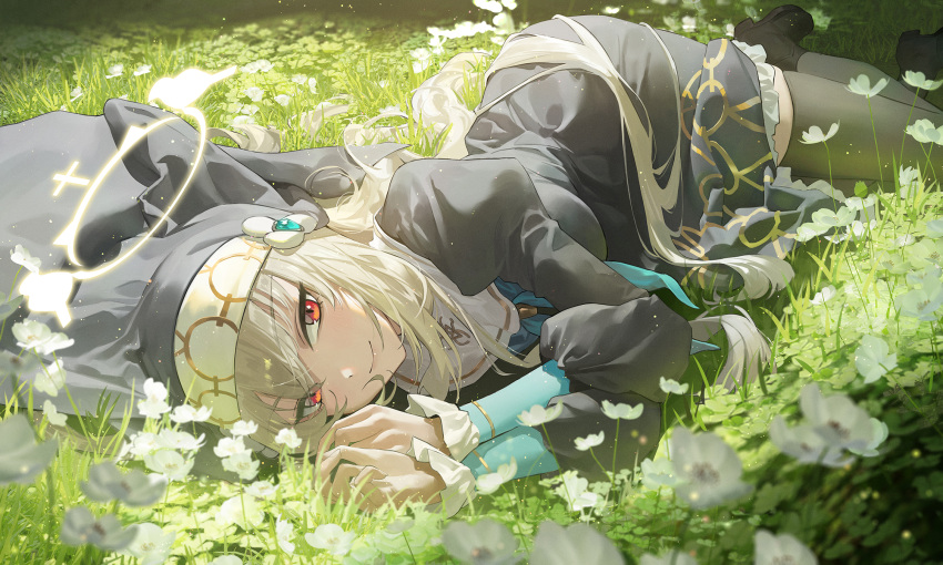 1girl black_dress black_thighhighs blue_archive blush breasts closed_mouth coif commentary_request day dress field flower flower_field grass grey_hair habit hair_between_eyes halo highres large_breasts long_hair looking_at_viewer lying nun on_ground on_side outdoors puffy_sleeves red_eyes sakurako_(blue_archive) smile solo thigh-highs ttk_(kirinottk) very_long_hair white_flower