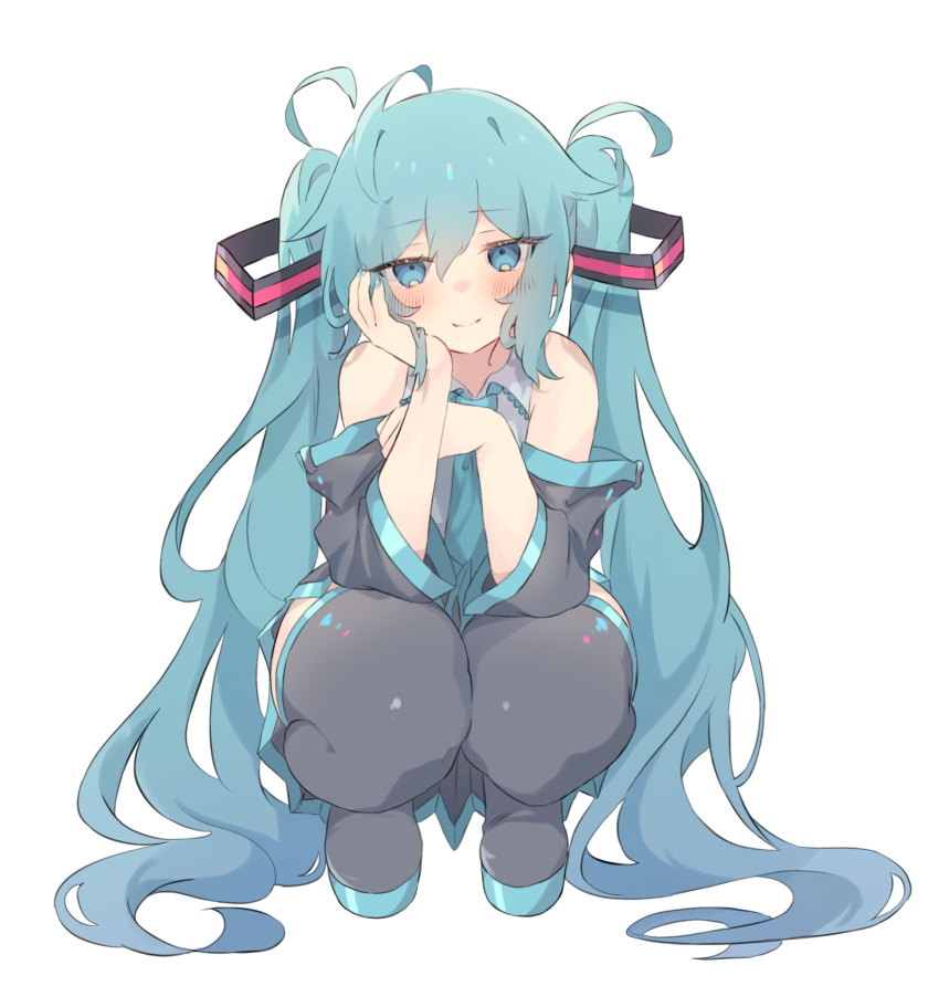 1girl ahoge aqua_eyes aqua_hair aqua_necktie bare_shoulders black_thighhighs blue_eyes blush boots commentary detached_sleeves elbow_rest grey_shirt hair_between_eyes half-closed_eyes hand_on_own_cheek hand_on_own_face hatsune_miku head_rest highres long_hair looking_at_viewer necktie nekonika_(e102k) shirt smile solo squatting thick_thighs thigh-highs thigh_boots thighs twintails very_long_hair vocaloid