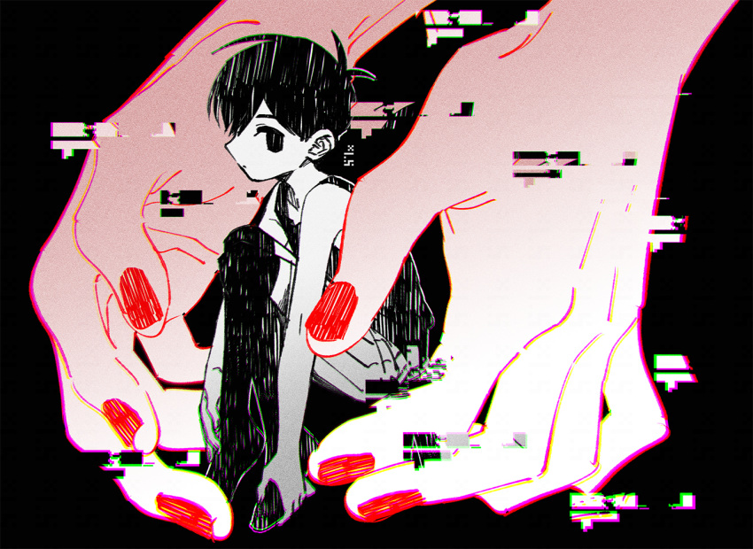 1boy bare_arms bare_shoulders black_background black_eyes black_hair black_tank_top black_thighhighs colored_skin distortion expressionless floating full_body glitch hands_on_own_feet knees_up looking_at_viewer male_focus no_pupils omori omori_(omori) out_of_frame red_nails short_hair simple_background size_difference tank_top thigh-highs toastytoast white_skin