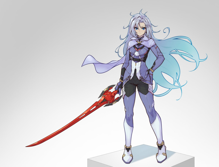 1girl a_(xenoblade) armor armored_bodysuit black_bodysuit blue_eyes bodysuit cape closed_mouth commentary_request full_body grey_background grey_cape grey_hair holding holding_sword holding_weapon long_hair monado_fencer namicha simple_background solo standing sword weapon xenoblade_chronicles_(series) xenoblade_chronicles_3