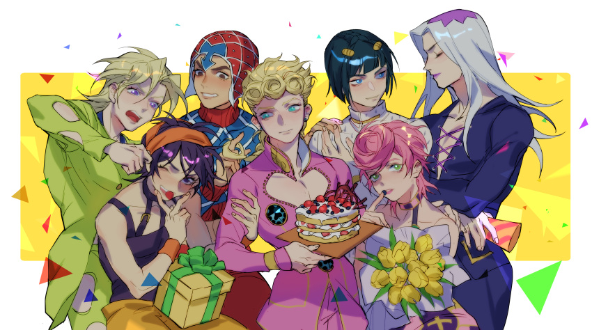 1girl 6+boys absurdres aqua_eyes arm_grab bare_shoulders black_hair blonde_hair blue_eyes blue_jacket blunt_bangs border bouquet box brown_eyes bruno_bucciarati cake chinese_commentary cleavage_cutout closed_eyes clothing_cutout collared_jacket commentary_request curly_hair eating flower food food_in_mouth gift gift_box giorno_giovanna grabbing_another's_ear green_eyes green_jacket guido_mista hairband hand_on_another's_ear hat highres holding holding_bouquet holding_plate jacket jojo_no_kimyou_na_bouken lccc leone_abbacchio long_hair looking_at_another male_focus multiple_boys narancia_ghirga open_mouth orange_hairband outside_border pannacotta_fugo pectoral_cleavage pectorals pink_hair pink_jacket plate purple_lips red_hat short_hair simple_background smile standing trish_una tulip turtleneck vento_aureo violet_eyes white_border white_hair wristband yellow_background yellow_flower yellow_tulip