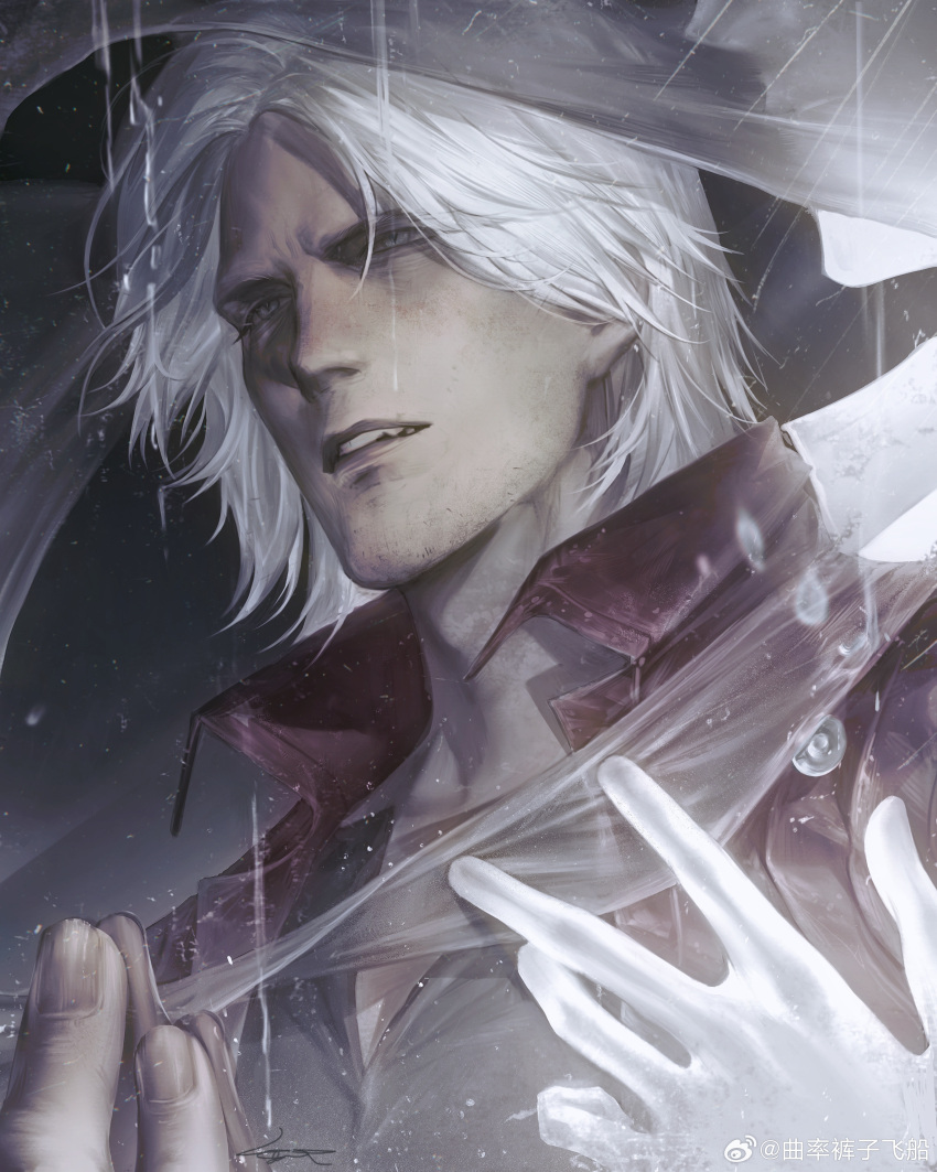 1boy absurdres aged_up beard bishounen blue_eyes coat dante_(devil_may_cry) devil_may_cry_(series) devil_may_cry_5 facial_hair highres holding long_hair male_focus mature_male qvlv_kuzi_feichuan solo white_hair