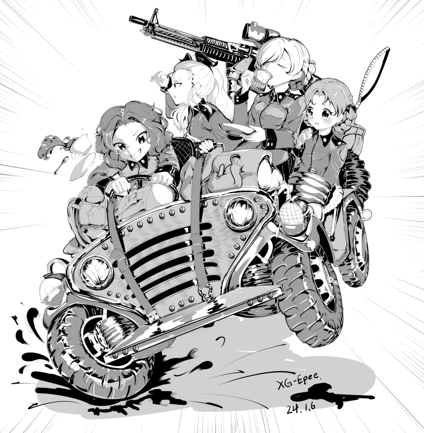 absurdres artist_name assam_(girls_und_panzer) braid closed_eyes commentary cup darjeeling_(girls_und_panzer) dated drinking driving english_commentary girls_und_panzer greyscale grin gun hair_pulled_back hair_ribbon highres holding holding_cup jeep long_hair long_sleeves looking_at_another looking_at_viewer looking_to_the_side machine_gun medium_hair military_uniform monochrome motor_vehicle orange_pekoe_(girls_und_panzer) ponytail ribbon rosehip_(girls_und_panzer) short_hair signature smile spilling st._gloriana's_military_uniform teacup uniform weapon xg_epee