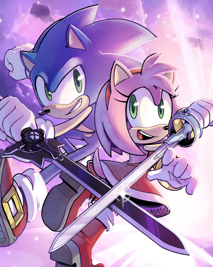 1boy 1girl absurdres aideneye99 amy_rose animal_ears blue_fur boots clouds dress furry furry_female furry_male gloves green_eyes grin hairband highres holding holding_sword holding_weapon open_mouth pink_fur red_dress red_footwear red_hairband shoes sleeveless sleeveless_dress smile sonic_(series) sonic_the_hedgehog sword tail teeth two-tone_footwear upper_teeth_only weapon white_footwear white_gloves