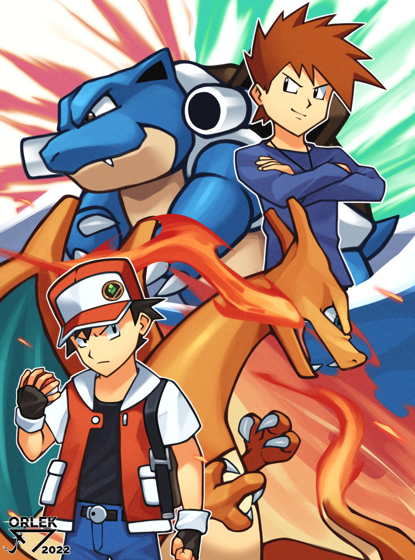 2boys absurdres artist_name belt belt_buckle black_belt black_eyes black_gloves black_hair black_shirt blastoise blue_oak blue_pants blue_shirt brown_hair buckle charizard clenched_hand closed_mouth commentary crossed_arms fingerless_gloves fire gloves hat highres holding holding_poke_ball jacket long_sleeves male_focus multiple_boys open_clothes open_jacket orlek pants poke_ball poke_ball_(basic) pokemon pokemon_(creature) pokemon_rgby red_(pokemon) red_hat shirt short_hair short_sleeves smile spiky_hair