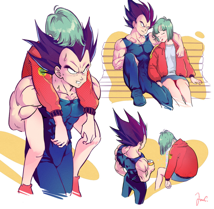 1boy 1girl amachu_a aqua_hair arm_around_neck beer_can bench blue_footwear bulma can carrying closed_eyes commentary_request covered_abs dragon_ball dragon_ball_z drink_can drunk highres holding holding_can jacket miniskirt muscular muscular_male pectorals piggyback purple_hair red_jacket shoes sitting skirt sleeping sneakers sweat vegeta widow's_peak