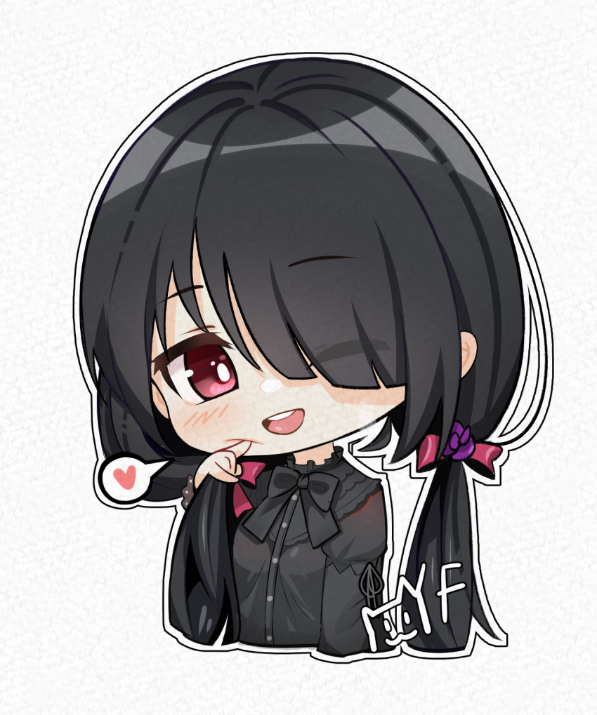1girl black_hair black_ribbon chibi date_a_live goth_fashion hair_between_eyes hair_over_one_eye heart highres looking_at_viewer low_twintails one_eye_closed open_mouth red_eyes ribbon solo speech_bubble teeth tokisaki_kurumi twintails upper_teeth_only yangfan