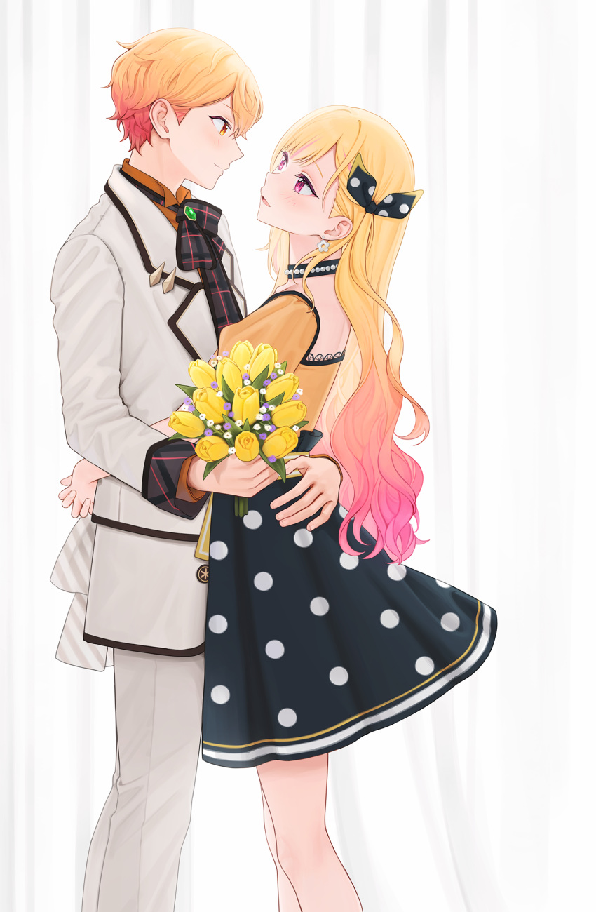 1boy 1girl 2_(tsvf3235) alternate_hairstyle blonde_hair blush bouquet bow choker closed_mouth coat collared_shirt commentary flower gradient_hair hair_between_eyes hair_bow hands_on_another's_waist highres holding holding_bouquet jacket long_hair long_sleeves multicolored_hair open_mouth orange_eyes orange_hair orange_shirt pink_hair polka_dot polka_dot_skirt project_sekai shirt short_hair skirt smile symbol-only_commentary tenma_saki tenma_tsukasa yellow_eyes