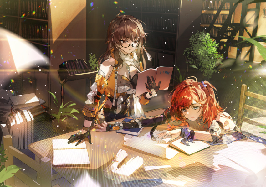 2girls absurdres arm_ribbon arm_support bare_shoulders black-framed_eyewear black_gloves black_shorts blue_eyes book book_stack bookshelf braid brown_eyes brown_hair chair chinese_commentary commentary_request crop_top cropped_jacket detached_sleeves earrings elbow_gloves entropy_(honkai_impact_3rd) eyelashes female_dreamseeker_(honkai_impact) fingerless_gloves flower_pot glasses gloves hair_intakes hand_up holding holding_book honkai_(series) honkai_impact_3rd indoors jacket jewelry ladder library light_particles long_hair looking_at_another multiple_girls on_chair one_side_up open_book open_clothes open_jacket open_mouth orange_jacket orange_sleeves paper paper_stack parted_bangs parted_lips plant potted_plant railing redhead ribbon scroll semi-rimless_eyewear senadina_(honkai_impact) shorts side_braid sidelocks single_braid single_earring single_glove sitting sleeveless sleeveless_jacket standing swept_bangs table under-rim_eyewear wrist_ribbon zishengtian123