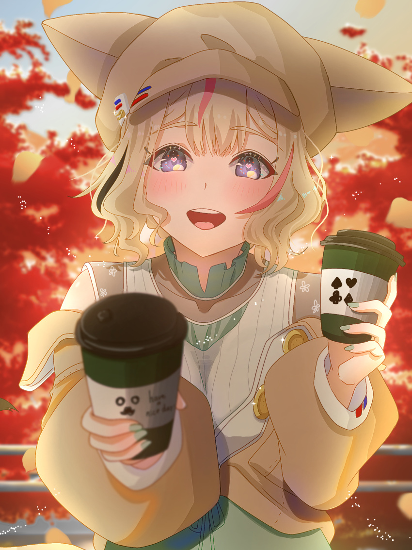 1girl absurdres black_hair blonde_hair blouse blurry blurry_background blush brown_hat brown_jacket coffee_cup commentary_request cup disposable_cup evening fox_girl fox_hat green_nails green_skirt hands_up hat heart heart-shaped_pupils highres holding holding_cup hololive incoming_food jacket kai_otk light_particles long_sleeves looking_at_viewer multicolored_hair nail_polish official_alternate_costume official_alternate_hair_length official_alternate_hairstyle omaru_polka omaru_polka_(street_casual) open_mouth outdoors pink_hair puffy_long_sleeves puffy_sleeves shirt short_hair sidelocks skirt smile solo streaked_hair symbol-shaped_pupils teeth upper_body upper_teeth_only violet_eyes virtual_youtuber white_shirt