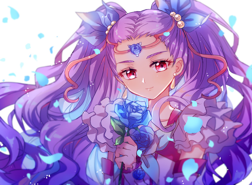 1girl backlighting blue_flower blue_ribbon blue_rose earrings elbow_gloves flower frilled_shirt frills gloves hair_pulled_back hair_ribbon half_gloves holding holding_flower jewelry lazy_orange long_hair looking_at_viewer magical_girl milky_rose mimino_kurumi petals precure purple_gloves purple_hair purple_shirt ribbon rose shirt sleeveless sleeveless_shirt smile solo tiara twintails violet_eyes white_background yes!_precure_5 yes!_precure_5_gogo!