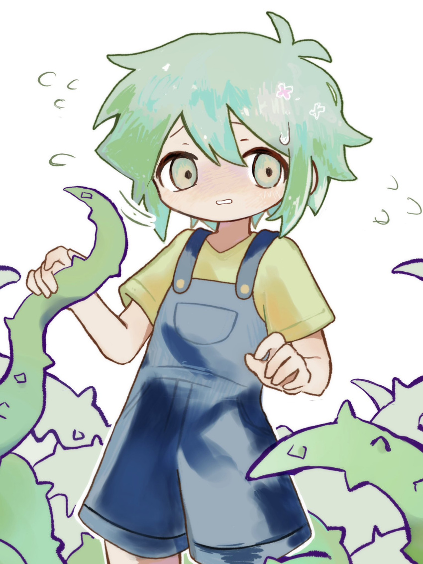1boy basil_(headspace)_(omori) basil_(omori) blue_overalls flying flying_sweatdrops green_eyes green_hair highres mita_ru0 omori overall_shorts overalls parted_lips plant shirt short_hair short_sleeves simple_background solo sweatdrop thorns vines white_background yellow_shirt